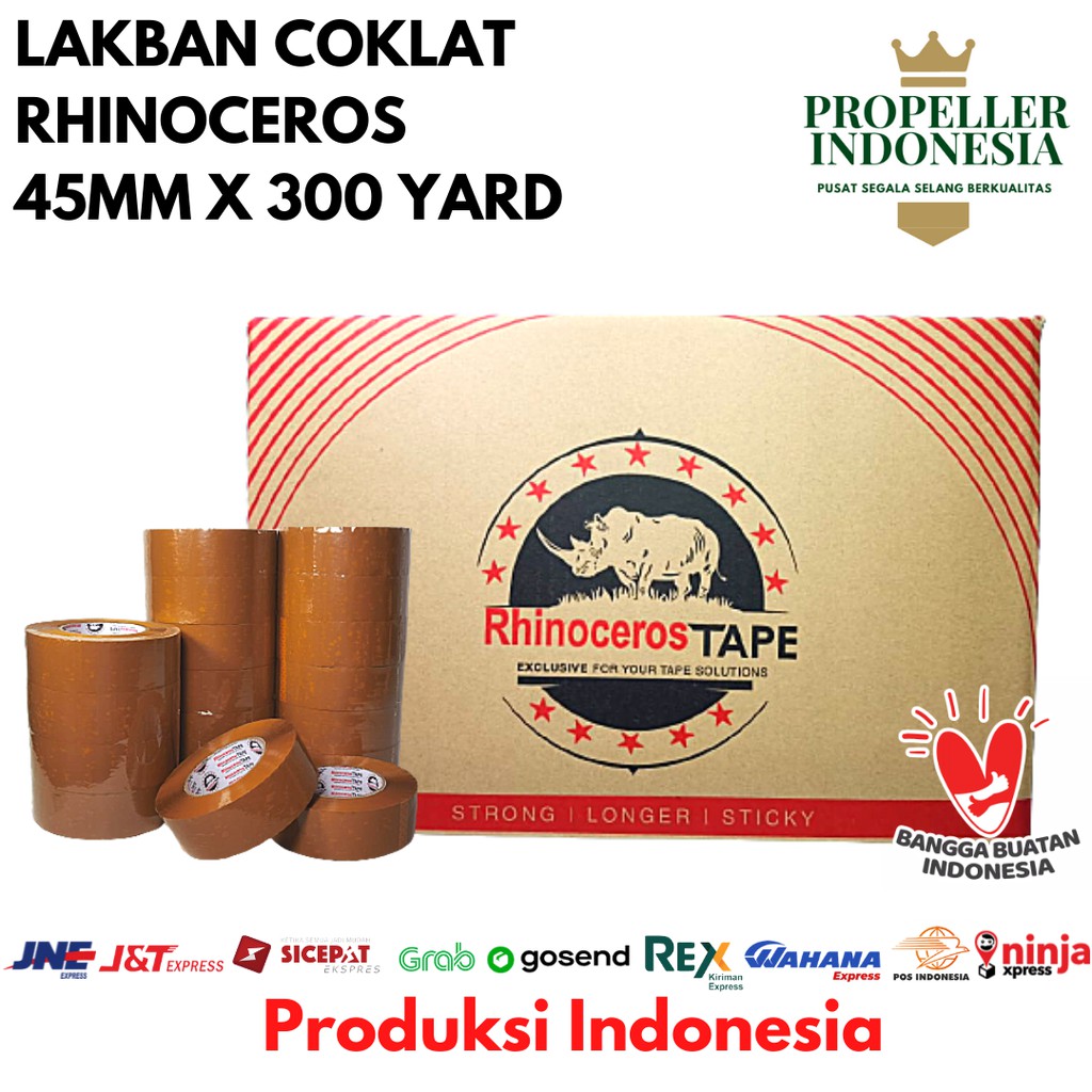 Lakban RHINOCEROS Tape Lakban OPP Bening/Coklat Isolasi Putih 45MMx300Yard @36Rolls/perdus GRAB/GOJE