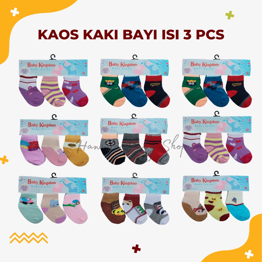 3In1 Kaos kaki bayi baru lahir Baby Kingdom / Kaos kaki bayi laki-laki perempuan 0-6 Bulan SNI Motif Lucu