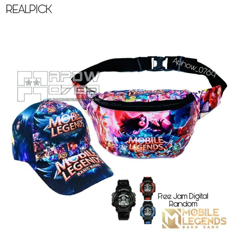 Paket Hemat 3in1 Tas Selempang Anak Waistbag Karakter Free Topi Dan Jam Tangan G-Shock Usia 2-10th