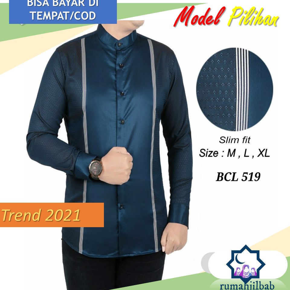 Baju Koko Pria Muslim Blue Azure Trend 2021 Ala Santri Modern