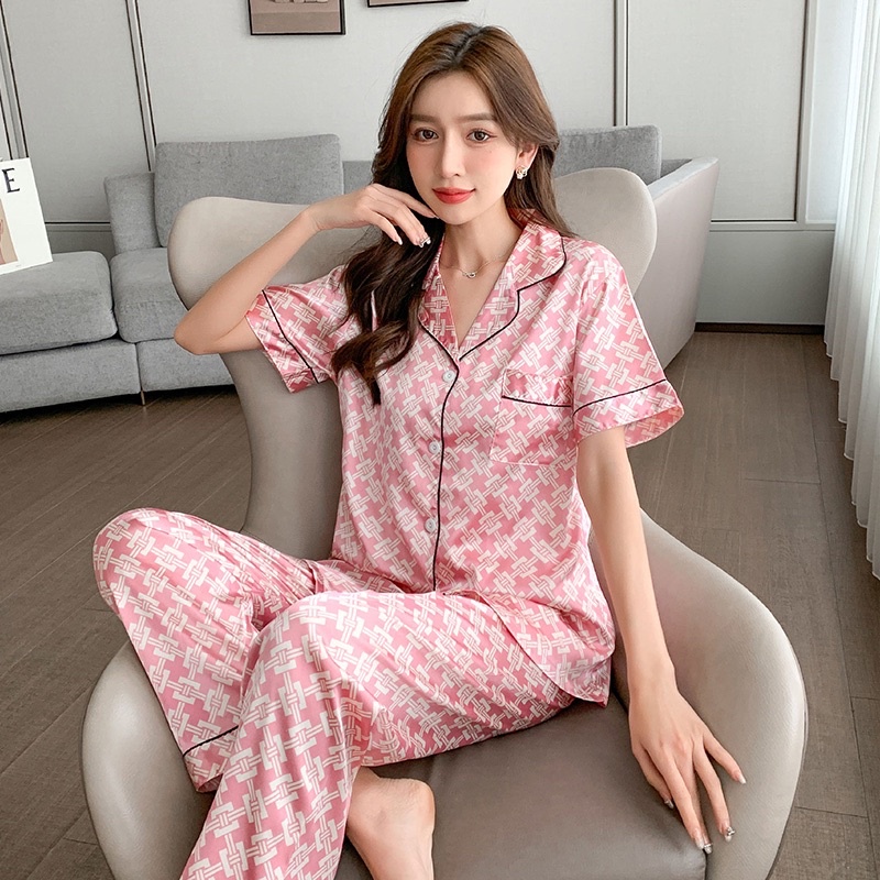 DC Piyama Satin Lengan Pendek Celana Panjang Import Quality-dc PINK MOTIF