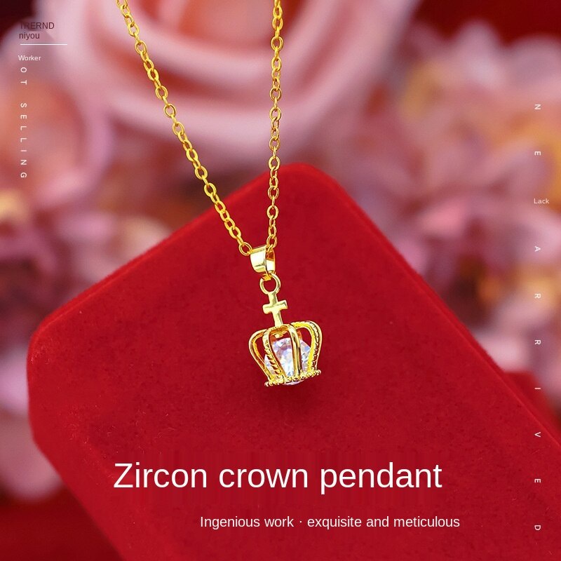 Kalung Rantai Lapis Emas Asli Kadar 375 Dengan Liontin Mahkota Aksen Kristal Zircon Untuk Wanita