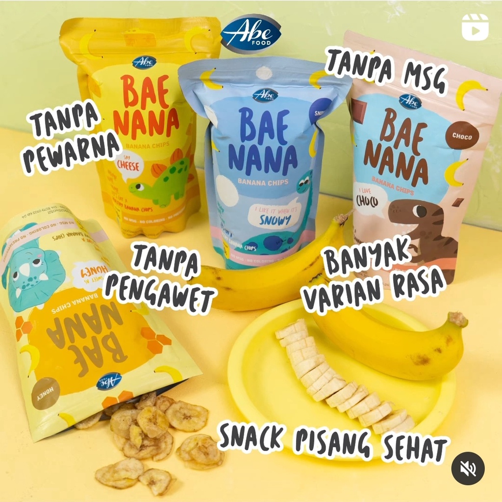 ABE FOOD Baenana 70gr - Banana Chips - Snack Pisang - Cemilan Keripik Sehat Anak - Bae Nana - Honey/Choco/Cheese/Snowy