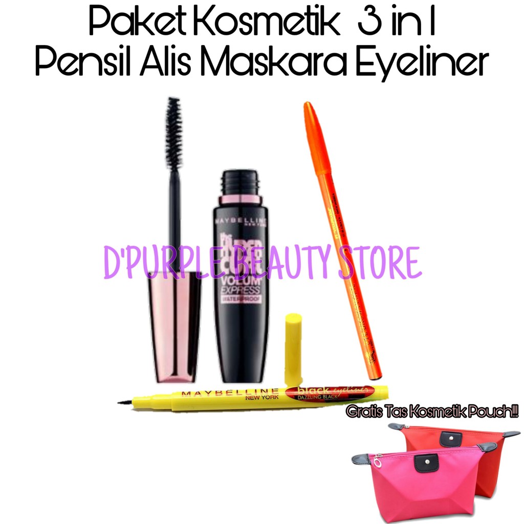 Paket Kosmetik Maybelline 3 In 1  -Maskara -Eyeliner -Pensil Alis -Gratis Tas Kosmetik