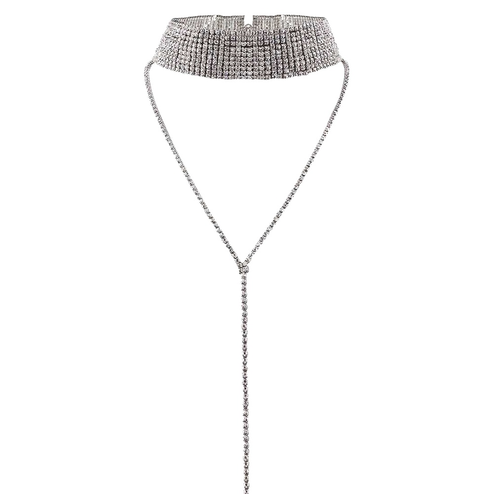 Kalung Choker Rantai Rumbai Multilayer Aksen Berlian Imitasi Untuk Wanita
