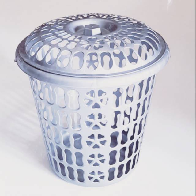 Keranjang Baju Bulat Abu Laundry Pakaian Silver Tutup Basket Plastik