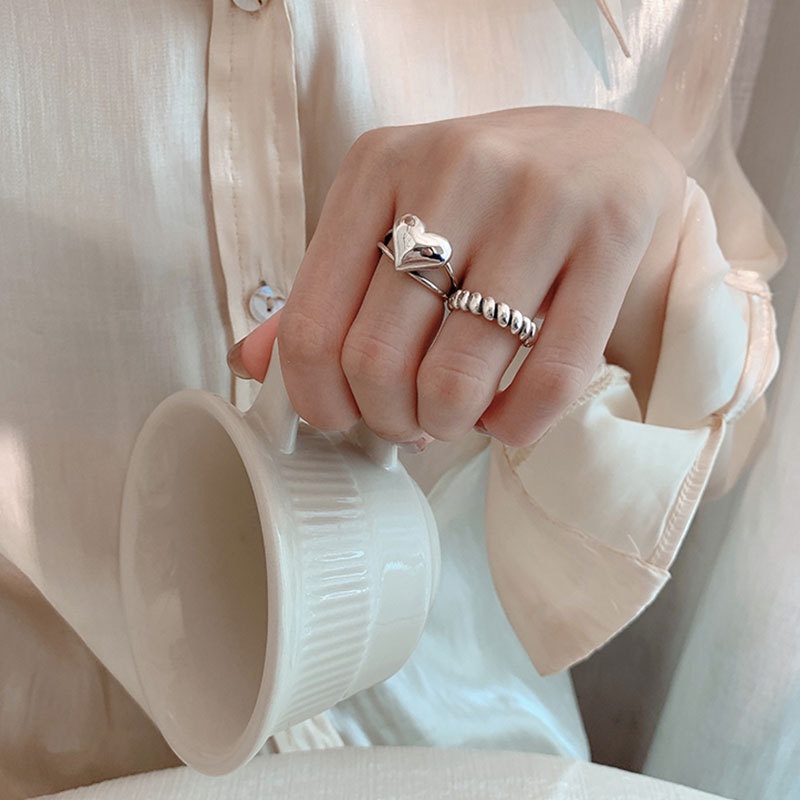 Set Perhiasan Cincin Jari Model Terbuka Bentuk Hati Tidak Teratur Warna Silver Untuk Wanita