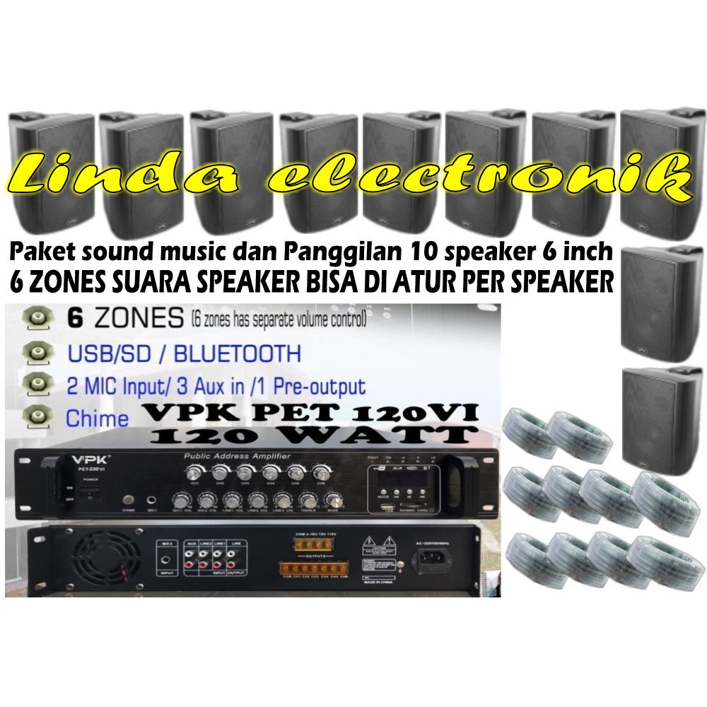paket sound music panggilan vpk 6inch 10buah 6 zones pembagi suara
