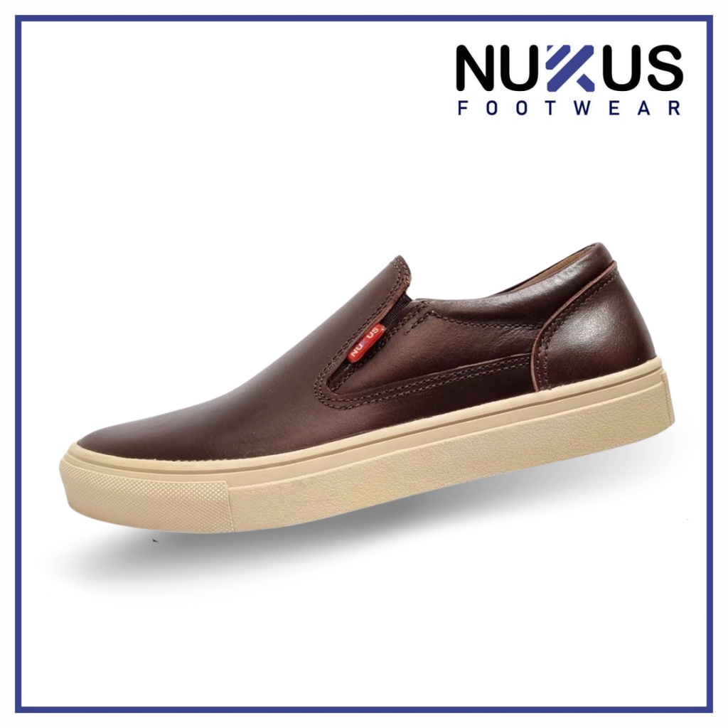 Nukus Sepatu Pria Kasual Slip On Classic Kulit Sapi Asli Coklat - NKS