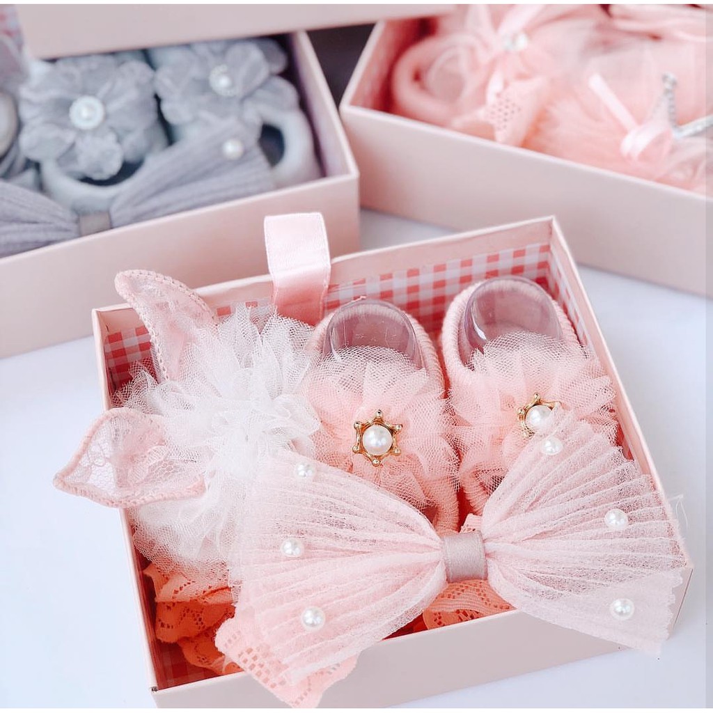 (pimenova) headband set socks + include box for gift / headband set untuk hadiah / set newborn