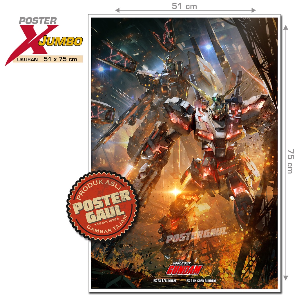 Poster XJumbo MOBILE SUIT GUNDAM: RX-93 V GUNDAM & RX-0 UNICORN GUNDAM #XJFJP231 - ukuran 51 x 75 cm