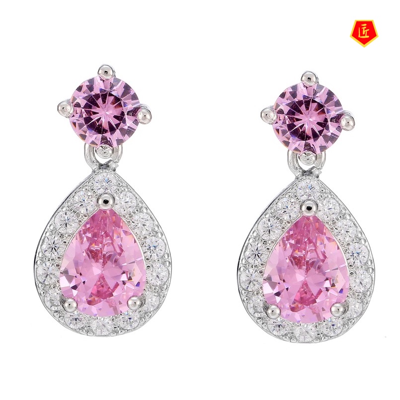 [Ready Stock]Fashion Diamond-Encrusted Twin Pink Gemstone Earrings