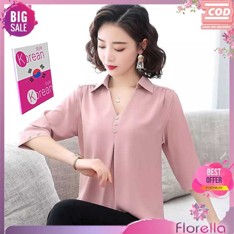 Kemeja Korea korean style wanita Lengan Panjang / Blouse Baju Hem Atasan Kantor Polos Wanita Ivanca