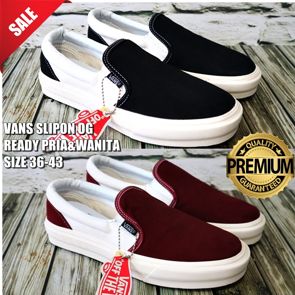 PGS PREMIUM Sepatu Sneakers Kasual Vans Slip On OG 2 Colour Hitam Marun Putih Tanpa Tali Slipon Pria