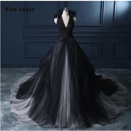 Custom made Bunga Hitam Gothic Pernikahan Gaun gaun pesta sexy