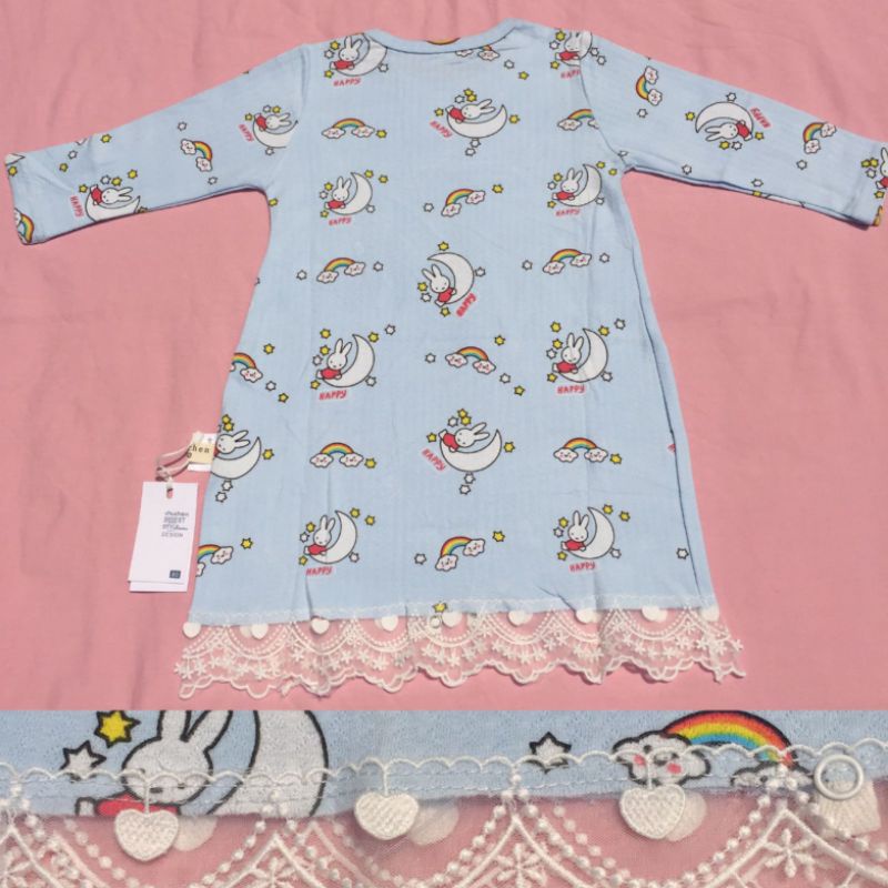 Daster miffy kelinci import anak baju tidur hangat bunny biru lengan panjang renda premium