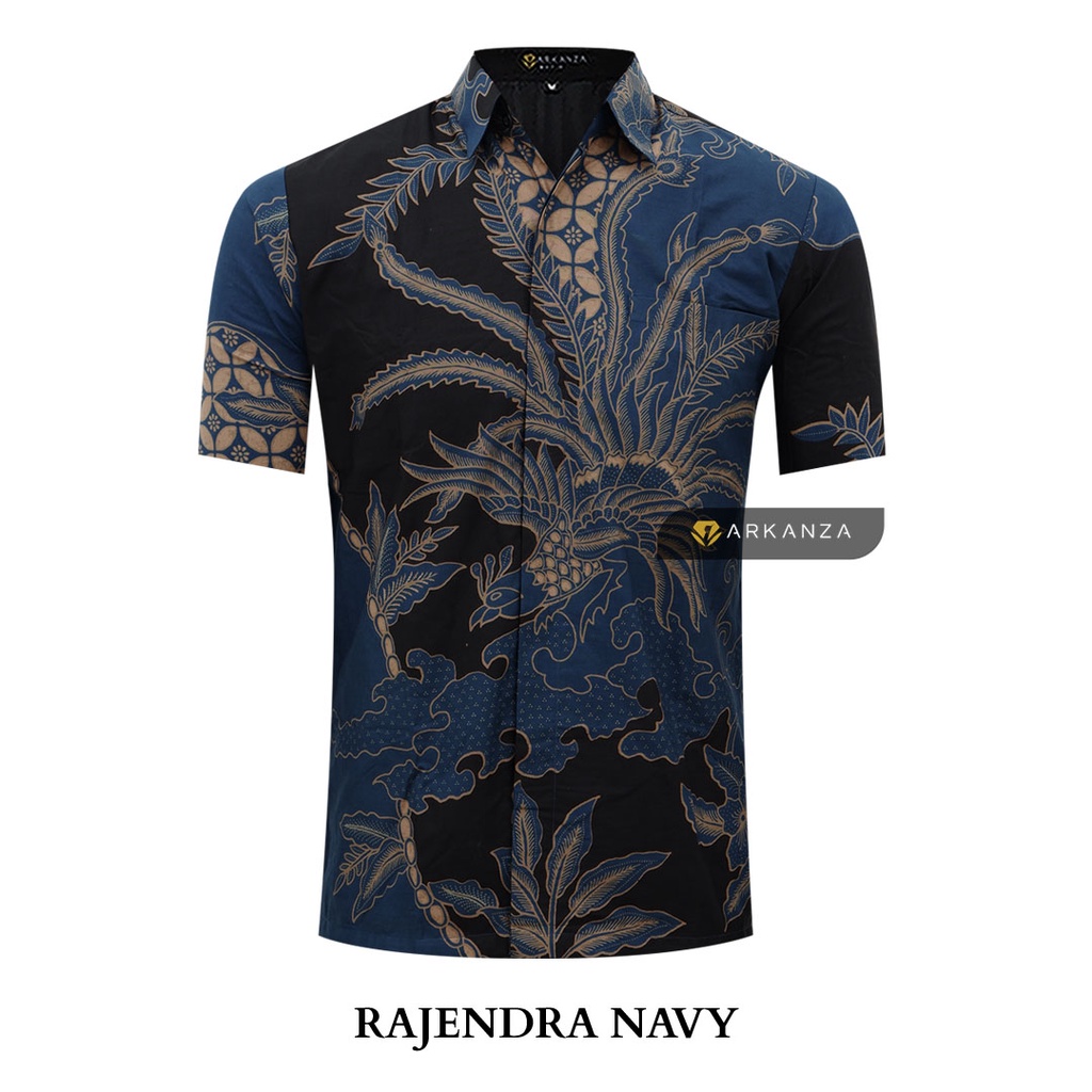 BATIK ARKANZA Motif RAJENDRA NAVY Hem Atasan Kemeja Baju Batik Pria Cowok Laki Laki Slimfit Full Lapis Furing Lengan Panjang Lengan Pendek Original