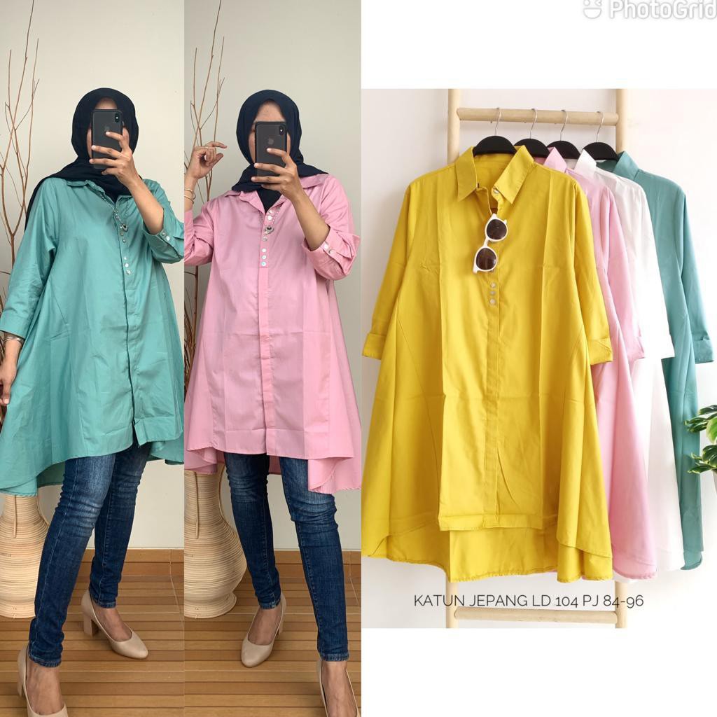 Blus kemeja katun Jepang polos ORI