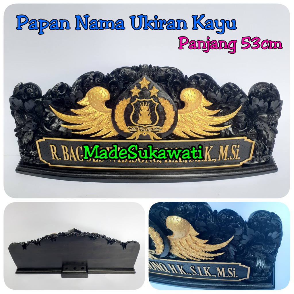 Papan nama meja nameplate kayu 53cm ukir bali lambang polisi