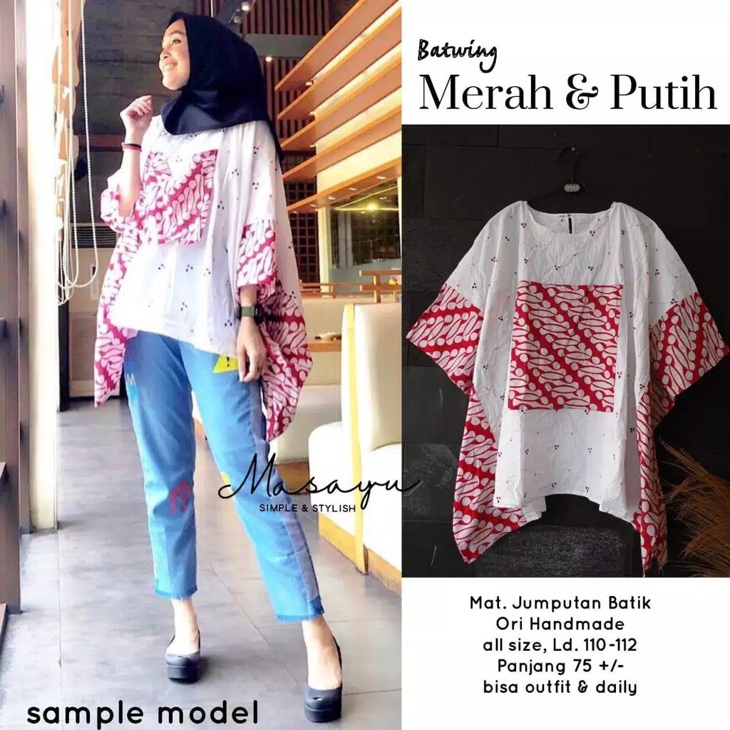 Blouse Kemeja Batik Wanita Model Batwing Merah Putih Series Bluse Seragam Kerja Bahan Rayon Casual