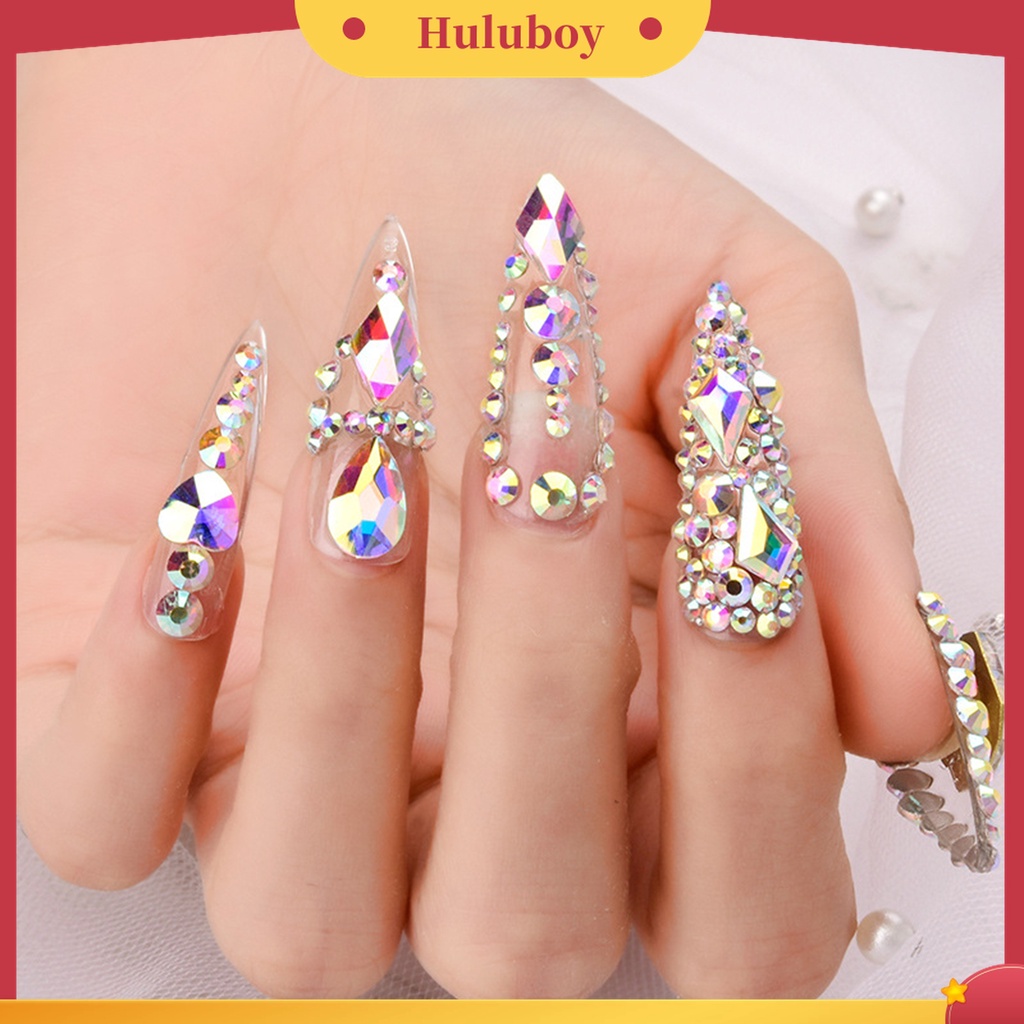 Huluboy Huluboy♡ 1 Kotak Kuku Palsu 3D Aksen Berlian Imitasi Untuk Dekorasi Manicure