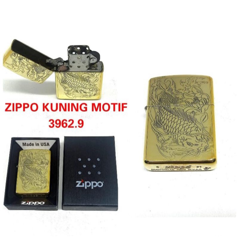 Korek Zippo Kuning Motif made in USA grade original [Bisa COD]