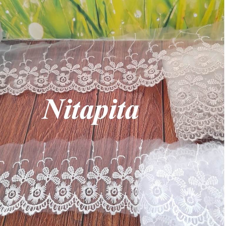 GRANDMLATI RD41 (PER YARD) Renda kaca bordir bunga NUDE coklat susu putih 7cm
