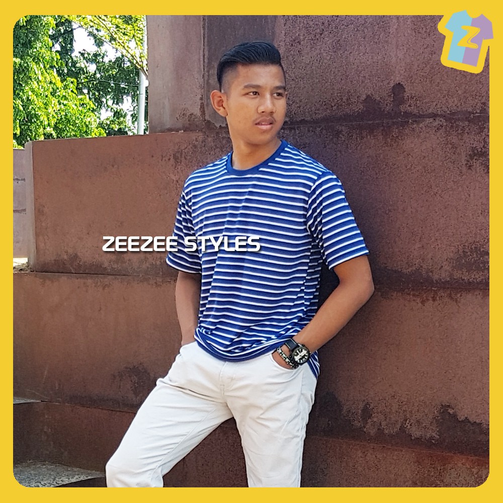 Kaos Stripe Salur Garis Strip Pria Wanita Lengan Pendek Putih Biru Zeezee Styles Classic