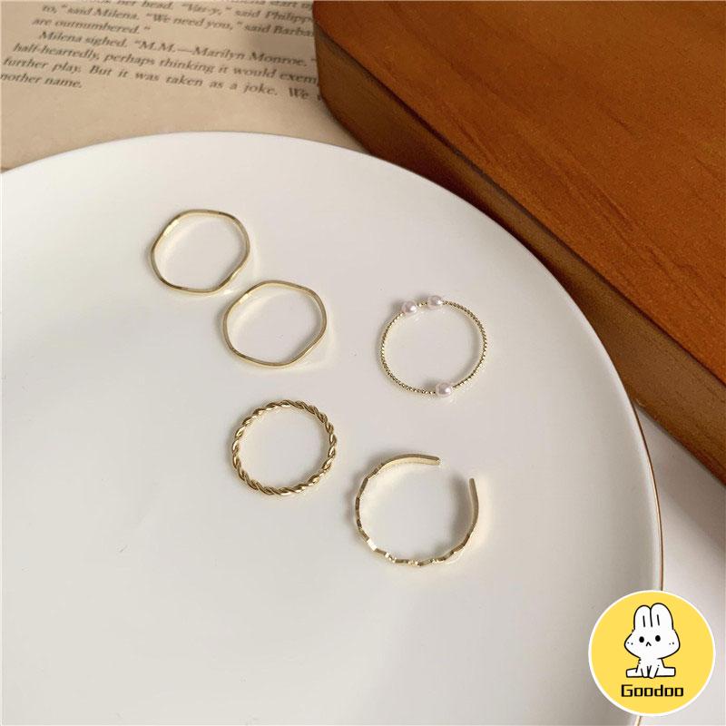 5 Pcs/set Cincin Korea Fashion Berlian Mutiara Aksesoris Untuk Wanita Rings-Doo