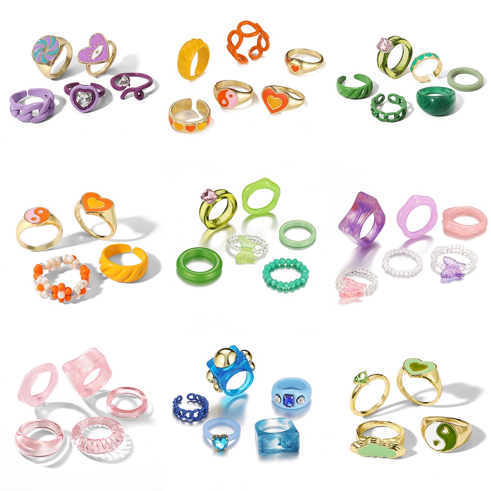 AY(CN) Korean Colorful Resin Ring Set Oil Dripping Rings Flower Heart Tai Chi Beads Ring Finger Ring Women Jewelry Accessories