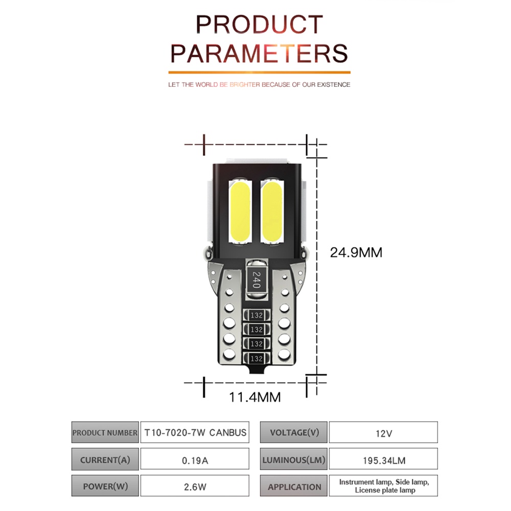 1pc Lampu LED T10 W5W 7020 Chips 7 SMD 194 501 CANBUS Warna Putih Untuk Plat Nomor Mobil