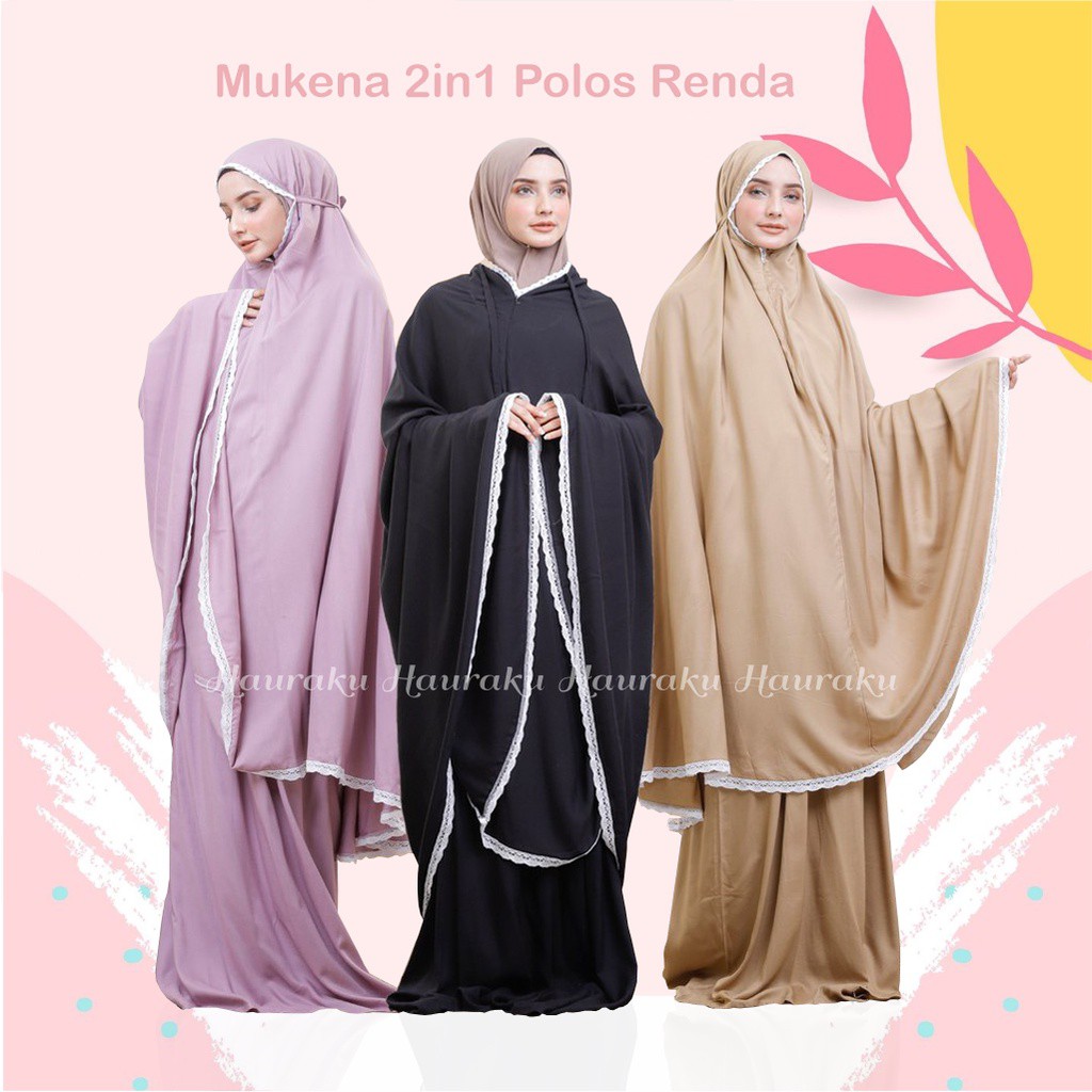 Fashion Muslim Mukena 2in1 Traveling Dewasa Polos Renda Rajut Free Pouch