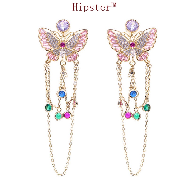 Light Luxury Butterfly Long Tassel Micro Inlaid Zircon French Style Mori Earrings High-End Fashion Sense