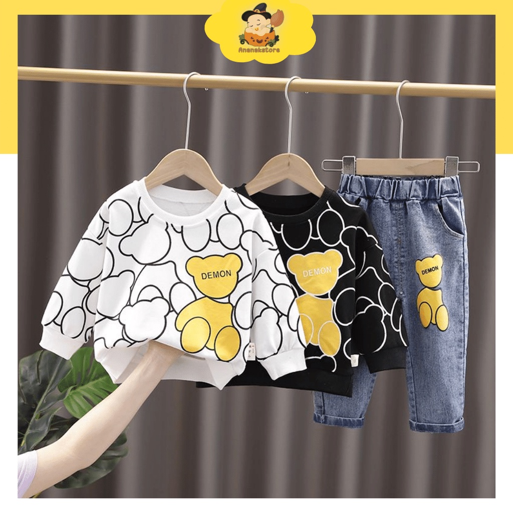 ananakstore - setelan anak laki-laki / setelan keren 3in1 / setelan motif SWEATER BEAR BLACK &amp; WHITE / setelan import premium