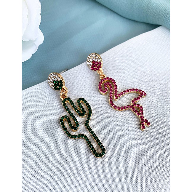 LRC Anting Tusuk Fashion Green + Red Alloy Diamond Asymmetric Cactus Ostrich Stud Earrings F63417