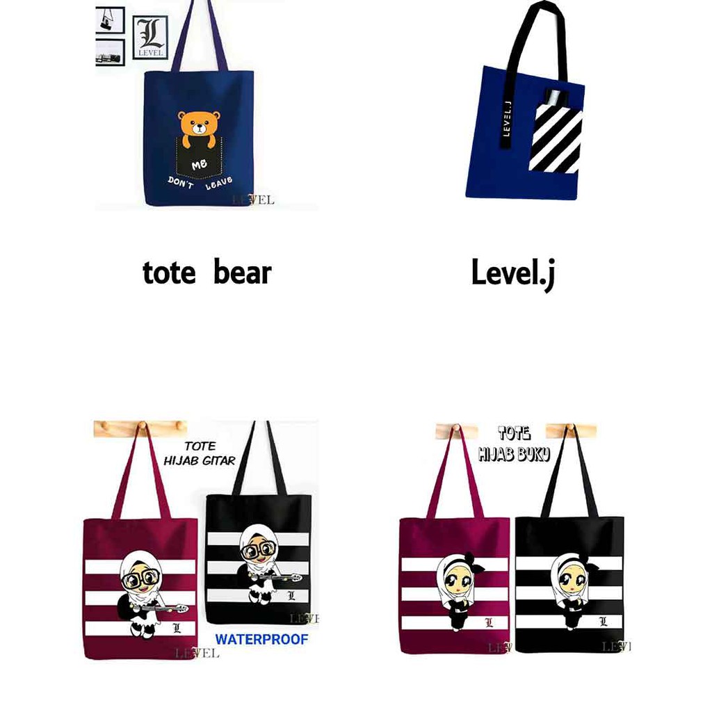 TAS LEVEL TOTE BAG BEAR PRINTING FASHION WANITA BATAM CANVAS MURAH GROSIR KULIAH SABLON