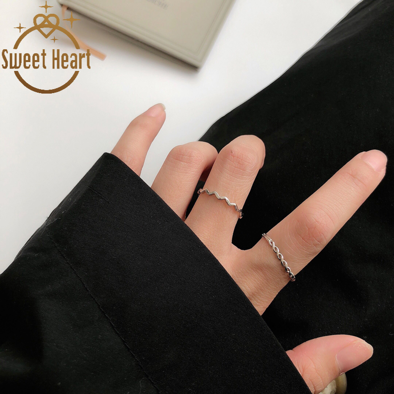 2pcs Cincin Model Terbuka Dapat Disesuaikan Bentuk Gelombang Gaya Korea Untuk Hadiah