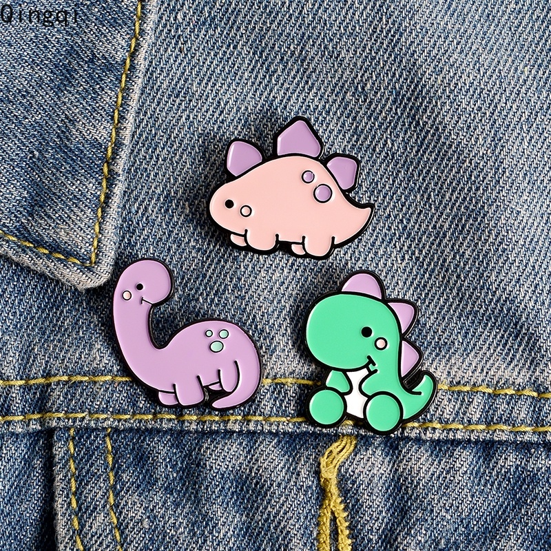 Bros Pin Enamel Desain Kartun Dinosaurus Warna Hijau Ungu Pink Untuk Pakaian Tas