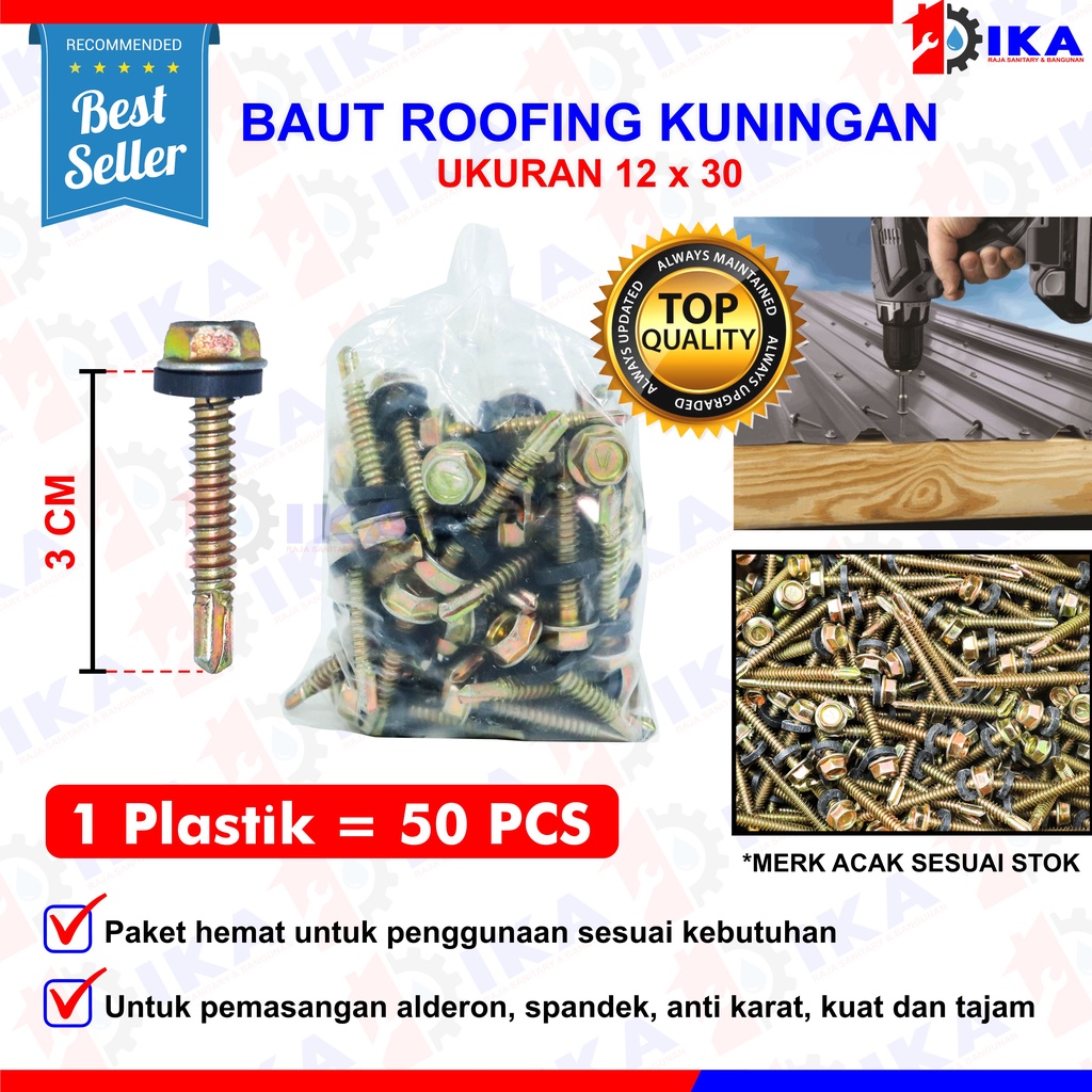 (50 PCS) Skrup Baut Roofing Kuning Ecer 12 x 30 50 70 MURAH / Self Drilling Screw 3cm 5cm 7cm /50pcs