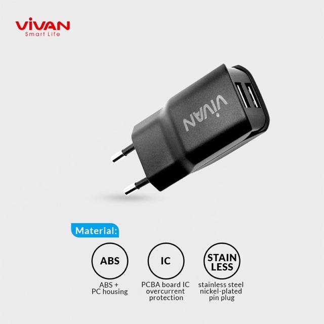 Charger Casan VIVAN DD01 Dual USB HP Adaptor Kepala Batok Android iPhone Micro USB Garansi 1 Tahun