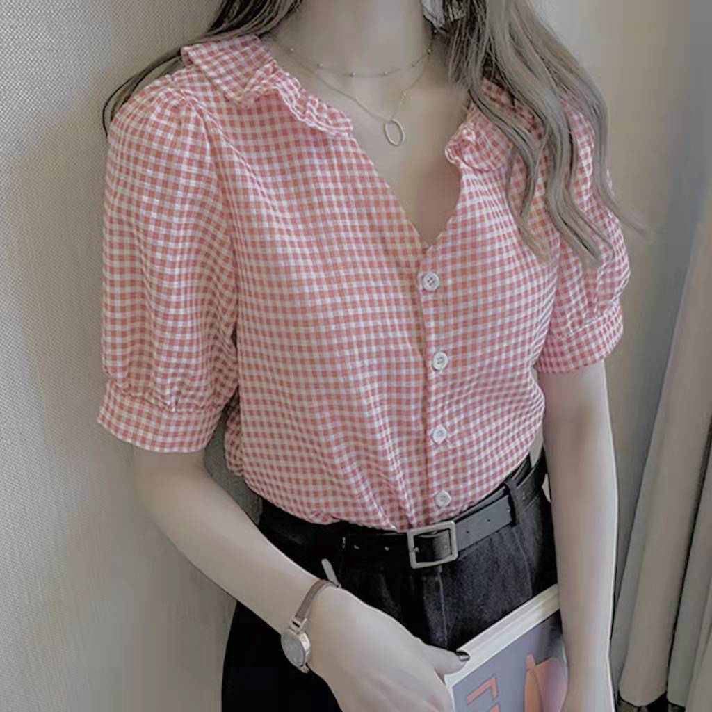 【SALE】 Korean Tartan Short Sleeve Blouse Atasan Lengan Panjang Tartan 1347 (XS-XL)