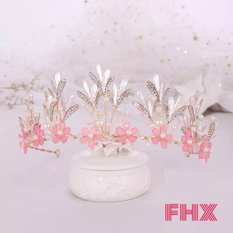 FerenHongXia mahkota tiara bunga warna pink bridal untuk wanita