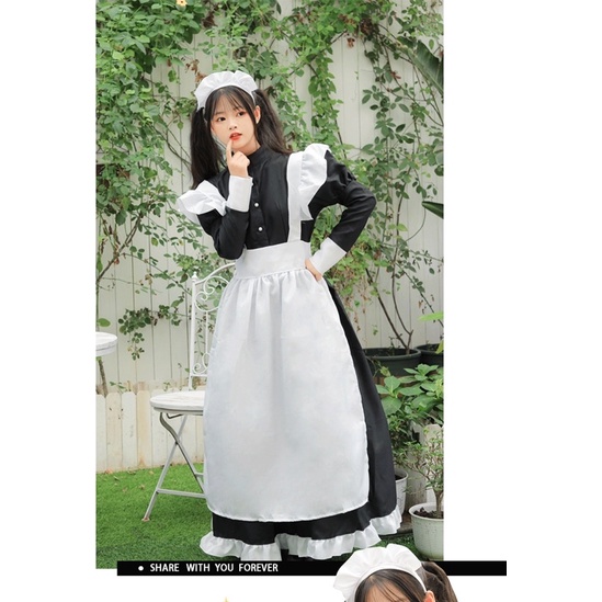 Unisex Cosplay Maid Set Long Dress Apron Gaun Pelayan Lolita Jepang Kostum Cosplayer Loli Pria Wanit