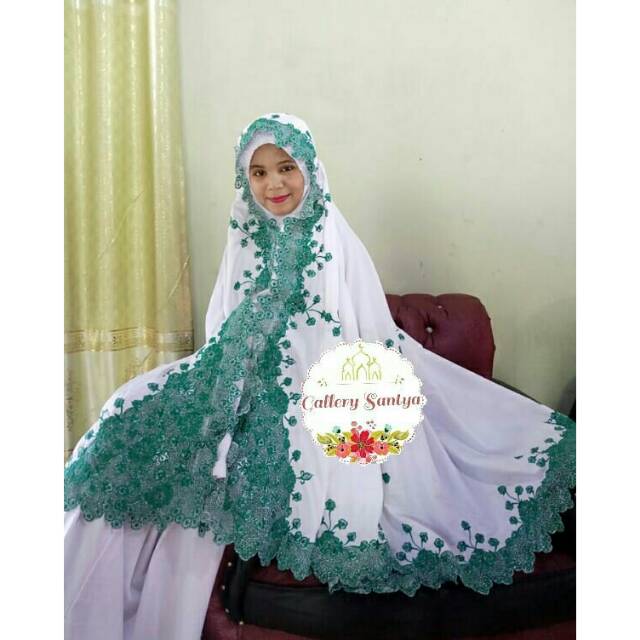 Mukena bordir mukena KD bukittinggi padang putih motif bodir hijau mint
