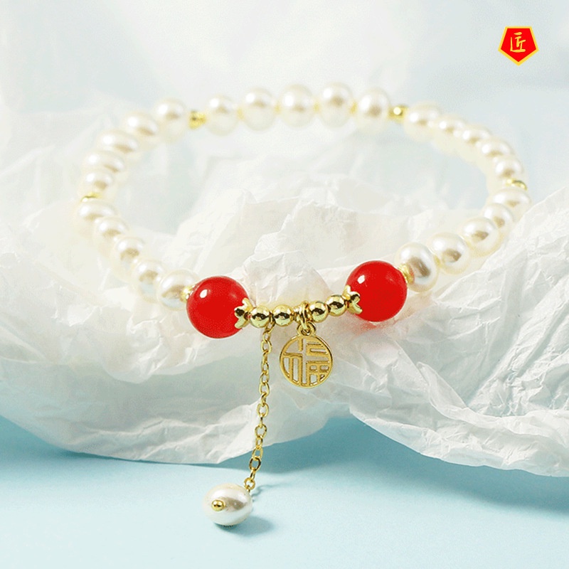 Pearl Fu Character Bracelet Sweet Exquisite Red Agate Bracelet Female Hetian Jade Lucky Bracelet