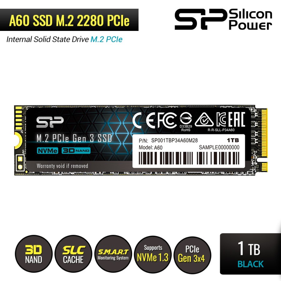 Silicon Power A60 1TB SSD M.2 2280 PCIe Gen3x4 NVMe1.3 - SSD 1TB