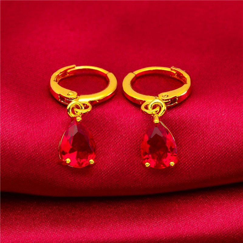 Anting Drop Manik-Manik Ruby Emerald Sapphire 24K Gold Plated Gaya Bangkok Untuk Wanita