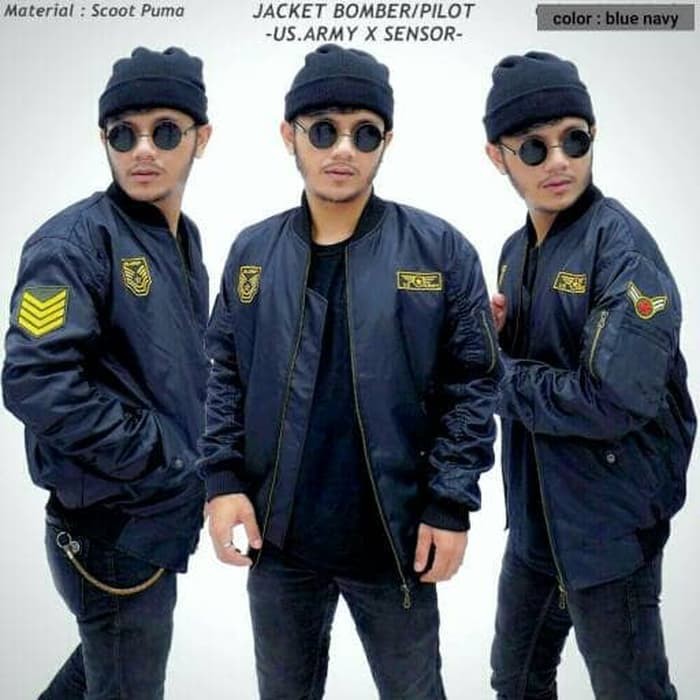 JAKET BOMBER PRIA US ARMY BIRU NAVY KEREN