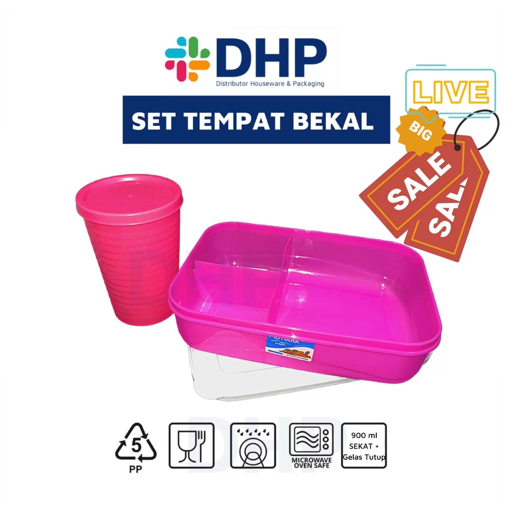 KHUSUS LIVE Mutiarapack 900 SEKAT PINK (19.5x14 h:5) Kotak Plastik Tempat Bekal Lunch Box Serbaguna Makanan Sekat 3