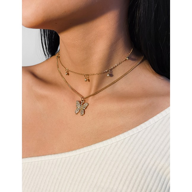 LRC Kalung Wanita Fashion Golden Micro Diamond Butterfly Alloy Multilayer Necklace P03662